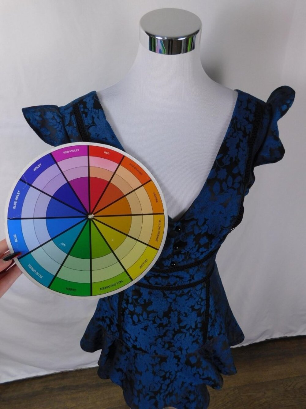 Blue & Black Floral Jacquard Dress With Ruffle Hem Small V-Neck And Cap Sleeves - Picture 12 of 12